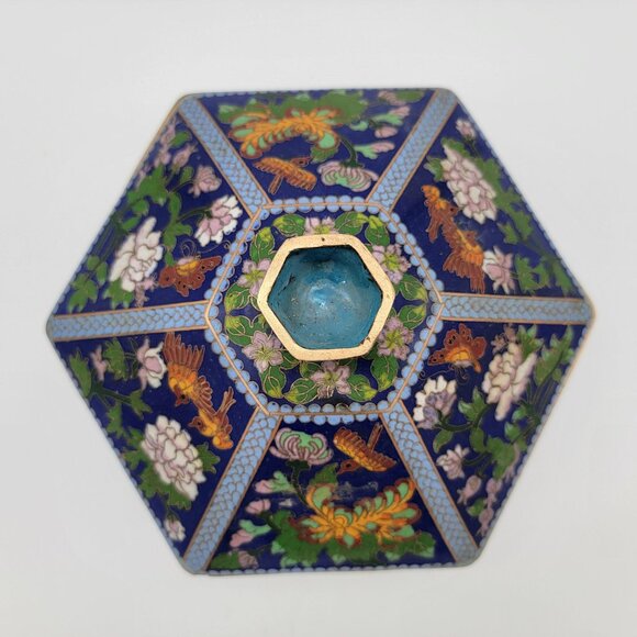 Antique Chinese Cloisonné Hexagonal Shaped Lidded Bowl - Picture 2 of 13